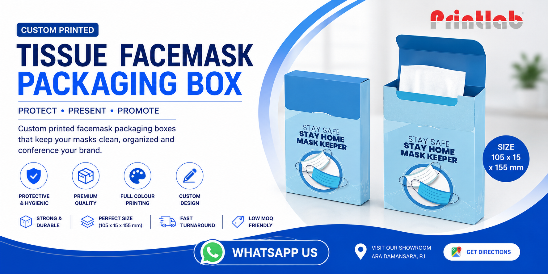 Custom printed tissue and facemask packaging dispenser boxes featuring precision micro-perforation and secure lock-bottom structures by Printlab Marketing Sdn Bhd.