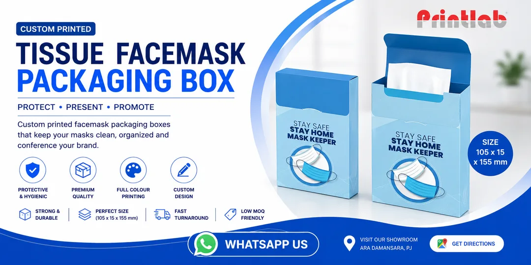 Custom printed tissue and facemask packaging dispenser boxes featuring precision micro-perforation and secure lock-bottom structures by Printlab Marketing Sdn Bhd.