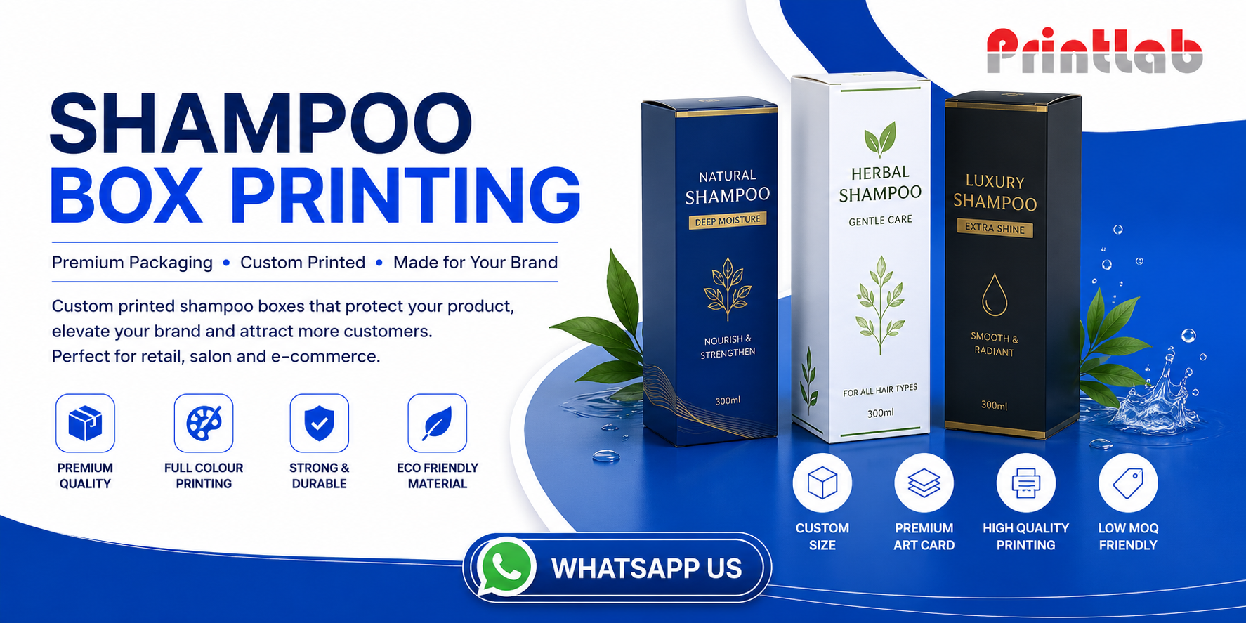Custom printed moisture-resistant shampoo packaging boxes with soft-touch matte lamination and structural auto-lock bottom panels manufactured by Printlab Marketing Sdn Bhd.