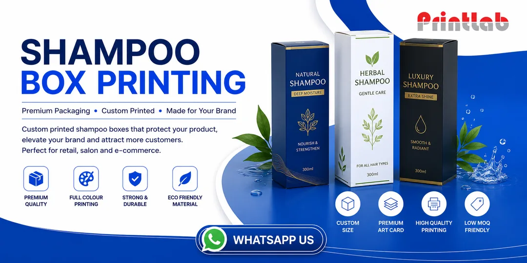 Custom printed moisture-resistant shampoo packaging boxes with soft-touch matte lamination and structural auto-lock bottom panels manufactured by Printlab Marketing Sdn Bhd.