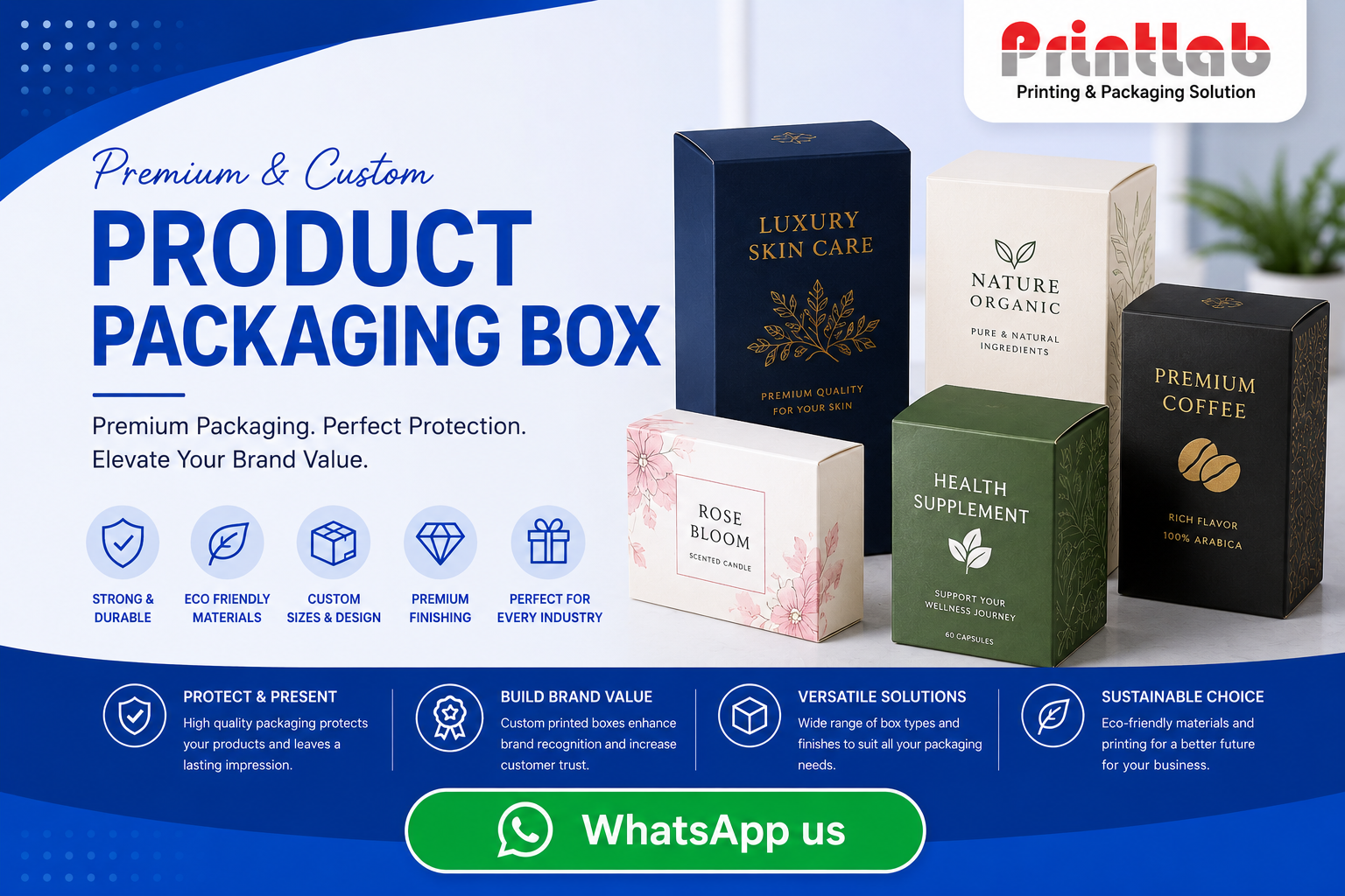 Custom product packaging retail boxes displaying precise die-cut tuck-end closures, protective matte lamination coatings, and high-contrast corporate branding graphics at the Printlab Marketing Sdn Bhd plant.