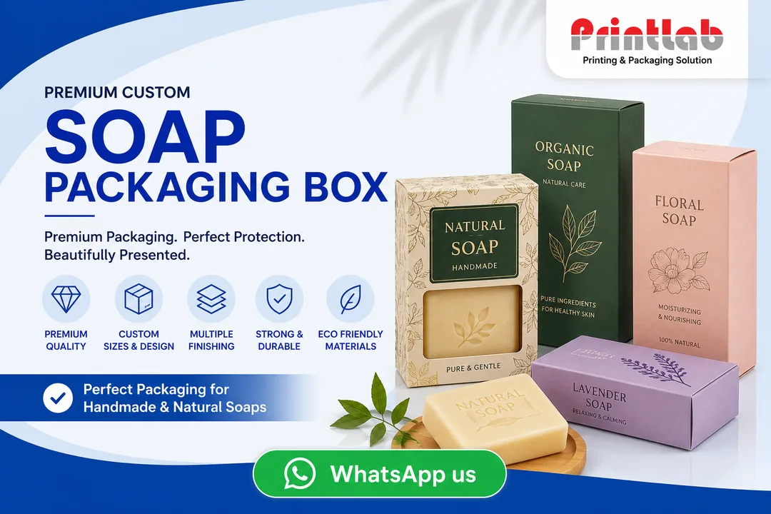 Custom premium organic soap packaging boxes featuring die-cut viewing windows, textured kraft textures, and protective moisture-resistant linings on display at Printlab Marketing Sdn Bhd.
