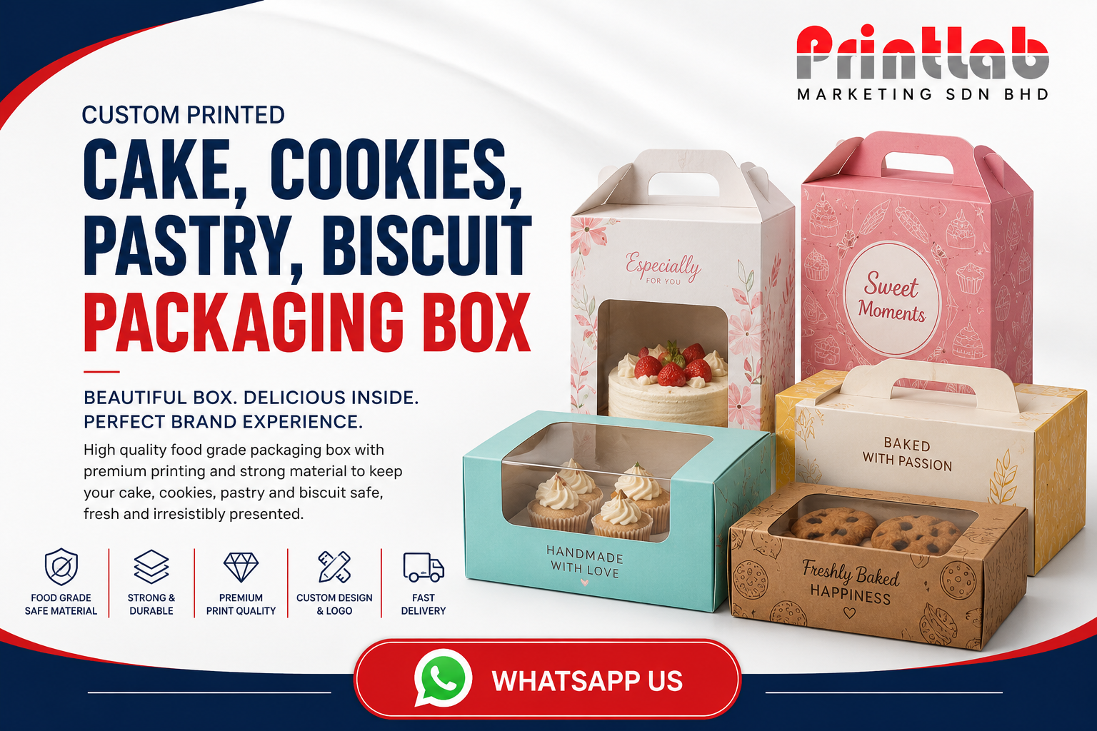 Custom printed food grade cake boxes and clear window pastry packaging displays at Printlab Marketing Sdn Bhd showroom in Ara Damansara Petaling Jaya