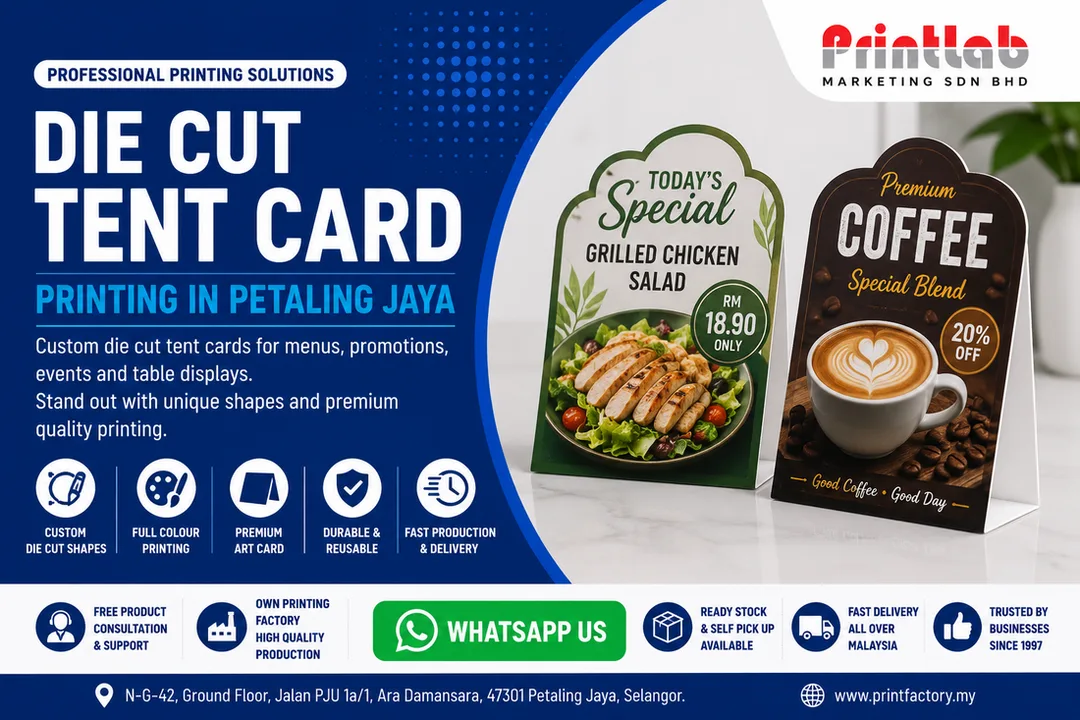 Custom die cut tent card printing in Petaling Jaya by Printlab Marketing Sdn Bhd