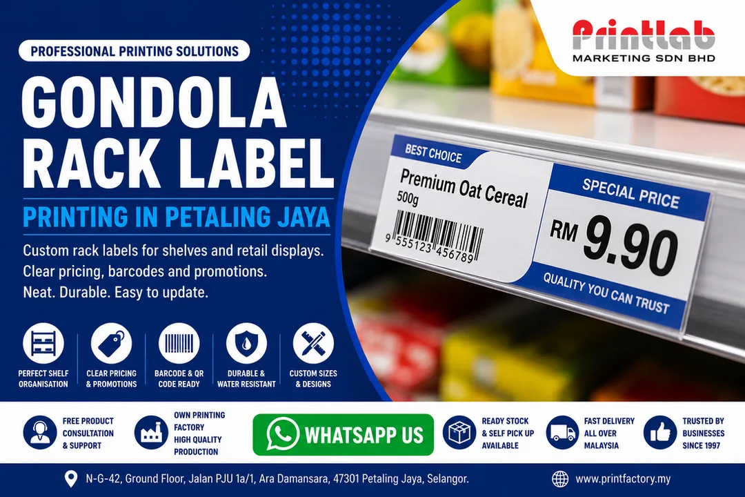 Custom gondola rack label printing in Petaling Jaya by Printlab Marketing Sdn Bhd
