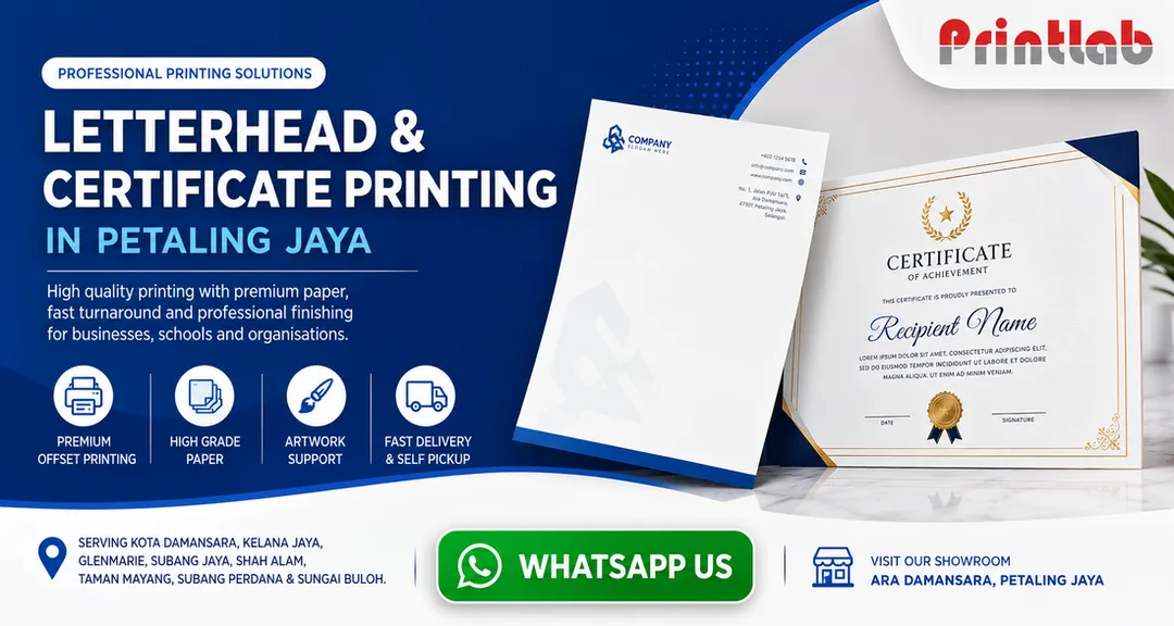 Custom letterhead and certificate printing in Petaling Jaya by Printlab Marketing Sdn Bhd