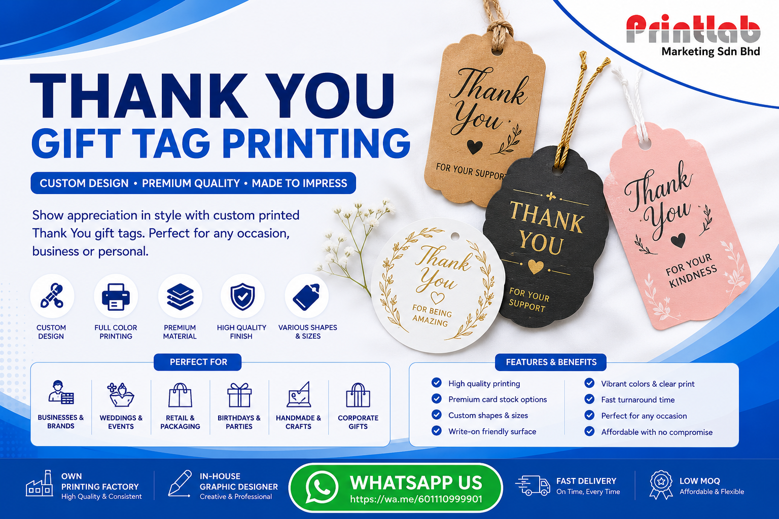 Custom printed thank you gift tags with matte lamination and drill holes from Printlab Marketing Petaling Jaya factory