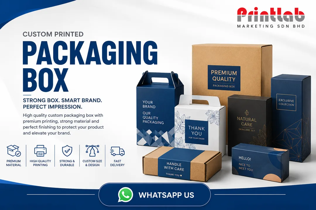 Custom printed packaging boxes showcase at Printlab Marketing Sdn Bhd showroom in Ara Damansara Petaling Jaya