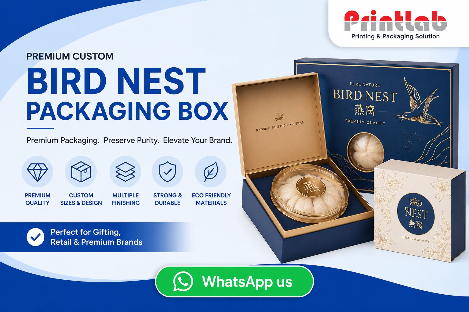 Custom luxury rigid boxes for edible bird's nest packaging featuring satin lining inserts, die-cut protective dividers, and gold hot stamping finishes on display at the Printlab Marketing Sdn Bhd Petaling Jaya showroom.