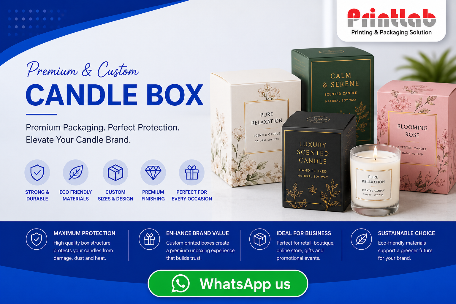 Custom luxury candle packaging boxes featuring high-density crash-lock structural bottoms, premium matte lamination scent barrier protection, and reflective metallic hot foil lettering on display at Printlab Marketing Sdn Bhd.