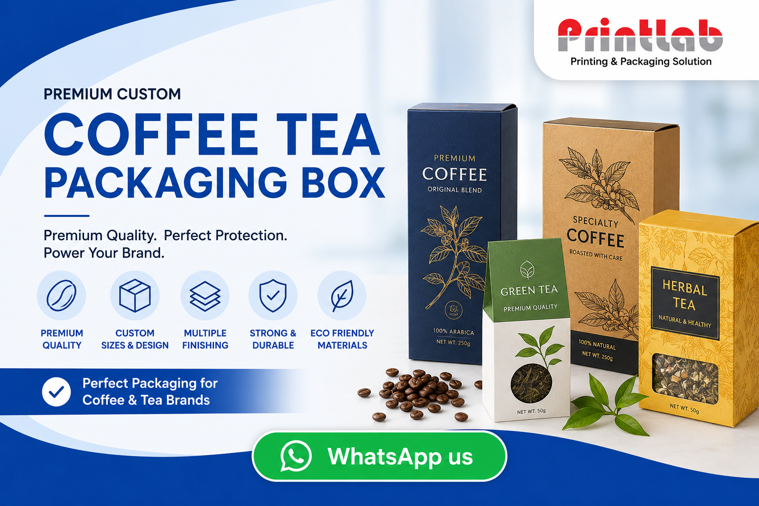 Custom premium matte finish coffee bean packaging boxes and slide-out tea storage display cartons featuring elegant hot copper foil accents on display at the Printlab Marketing Sdn Bhd showroom.