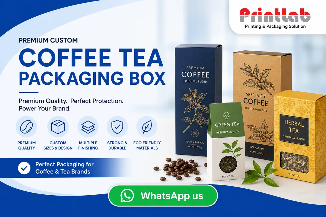Custom premium matte finish coffee bean packaging boxes and slide-out tea storage display cartons featuring elegant hot copper foil accents on display at the Printlab Marketing Sdn Bhd showroom.