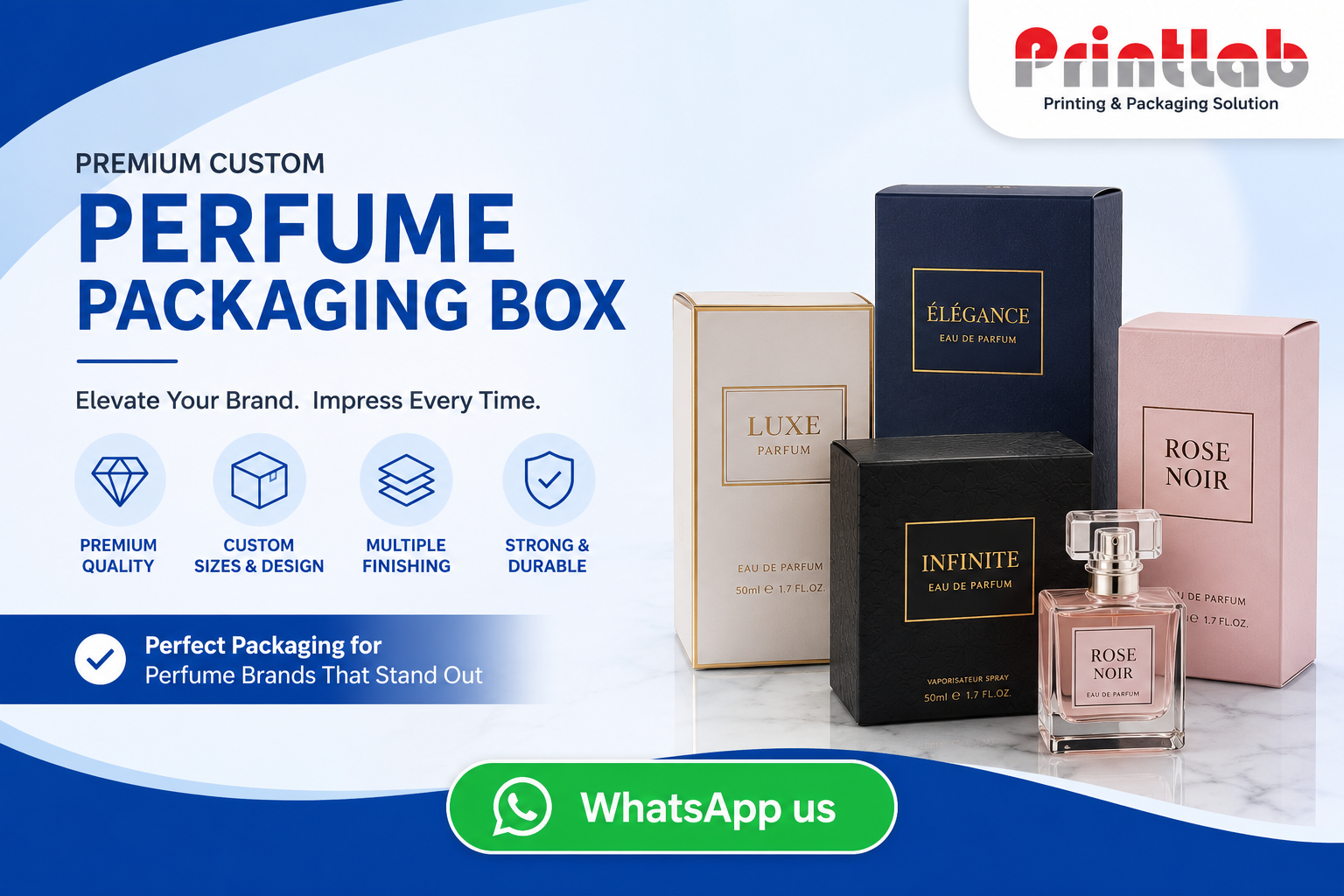 Custom luxury rigid perfume packaging boxes with custom velvet-lined EVA foam inserts and metallic gold foil stamping displayed inside the Printlab Marketing Sdn Bhd Petaling Jaya showroom.