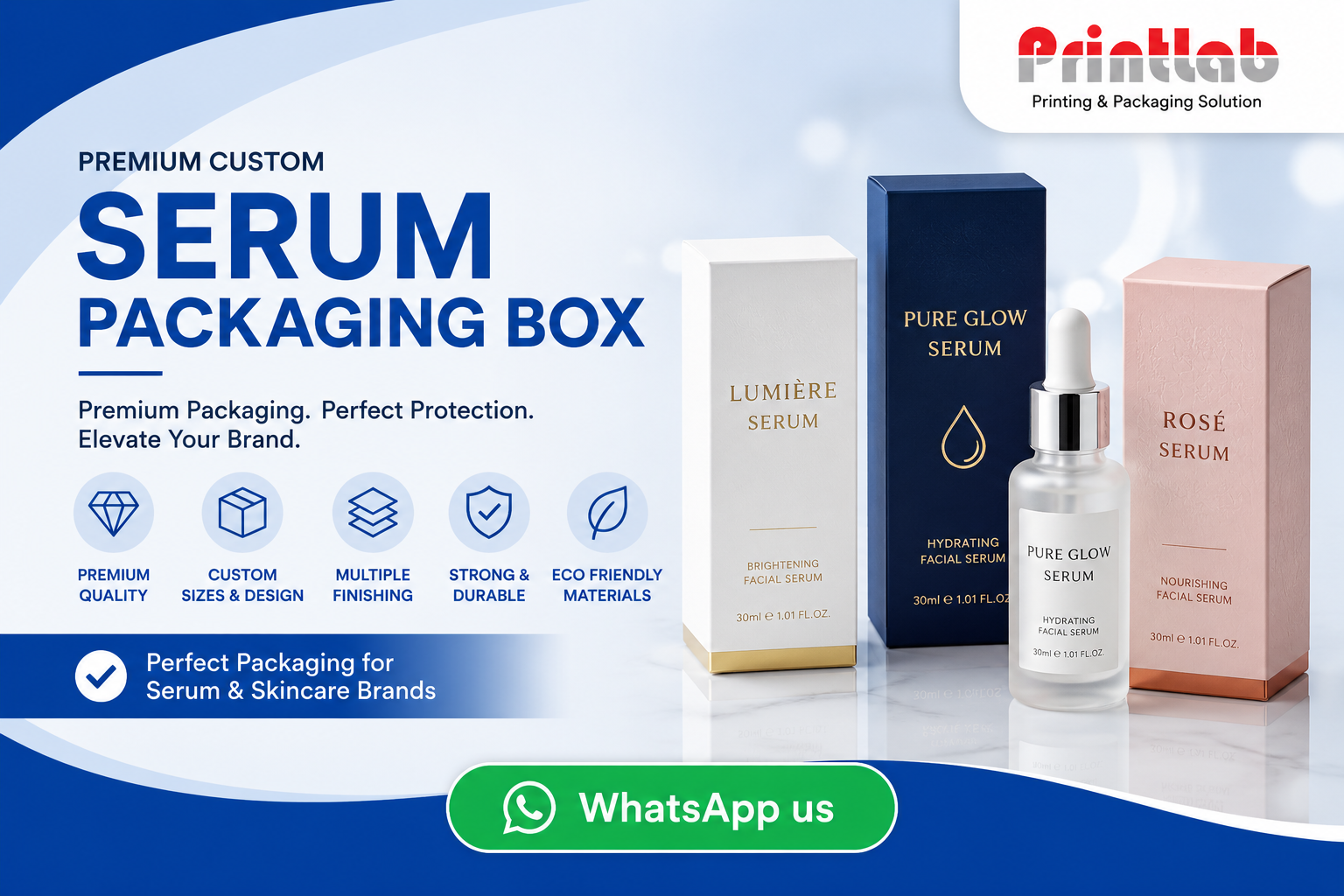 Custom premium cosmetic serum packaging boxes featuring precision die-cut windows, protective structural liners, and metallic silver foil branding accents on display at Printlab Marketing Sdn Bhd.