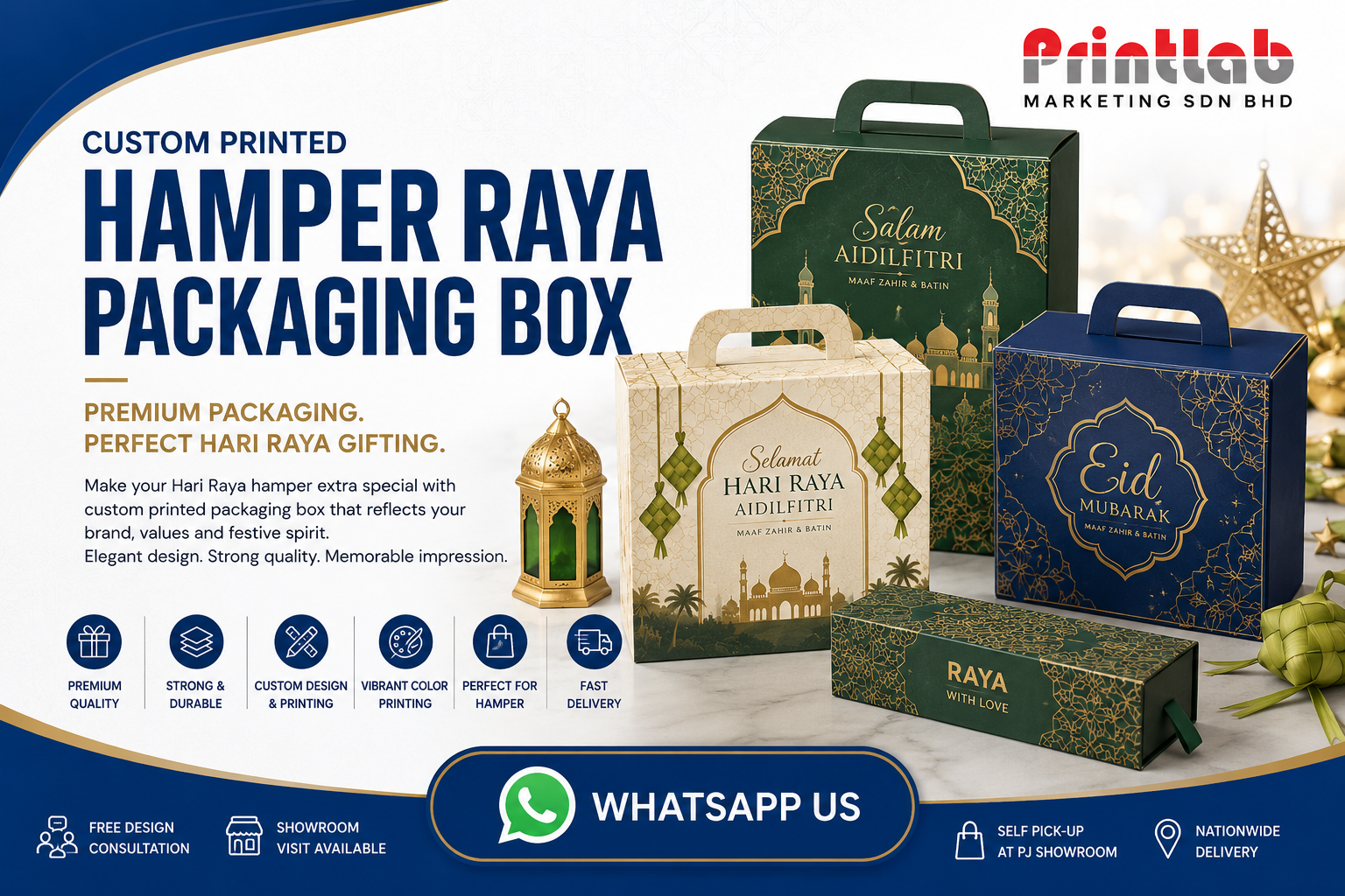 Custom printed luxury corporate Hamper Raya packaging boxes with gold foil stamping displayed at Printlab Marketing Sdn Bhd showroom in Ara Damansara Petaling Jaya