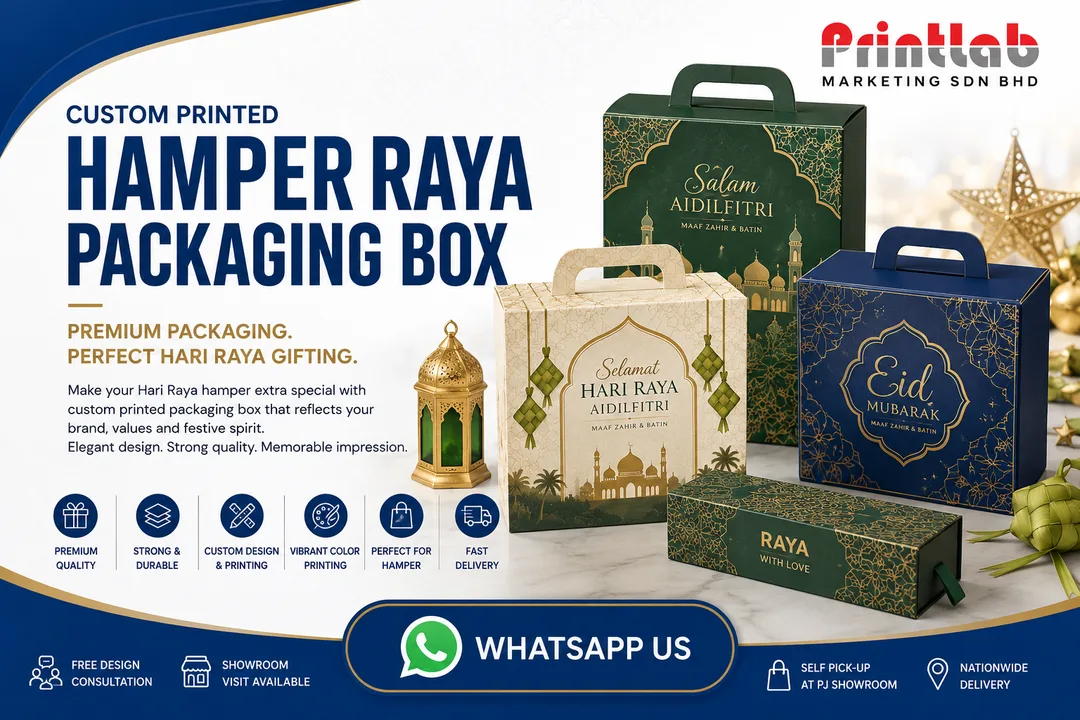 Custom printed luxury corporate Hamper Raya packaging boxes with gold foil stamping displayed at Printlab Marketing Sdn Bhd showroom in Ara Damansara Petaling Jaya