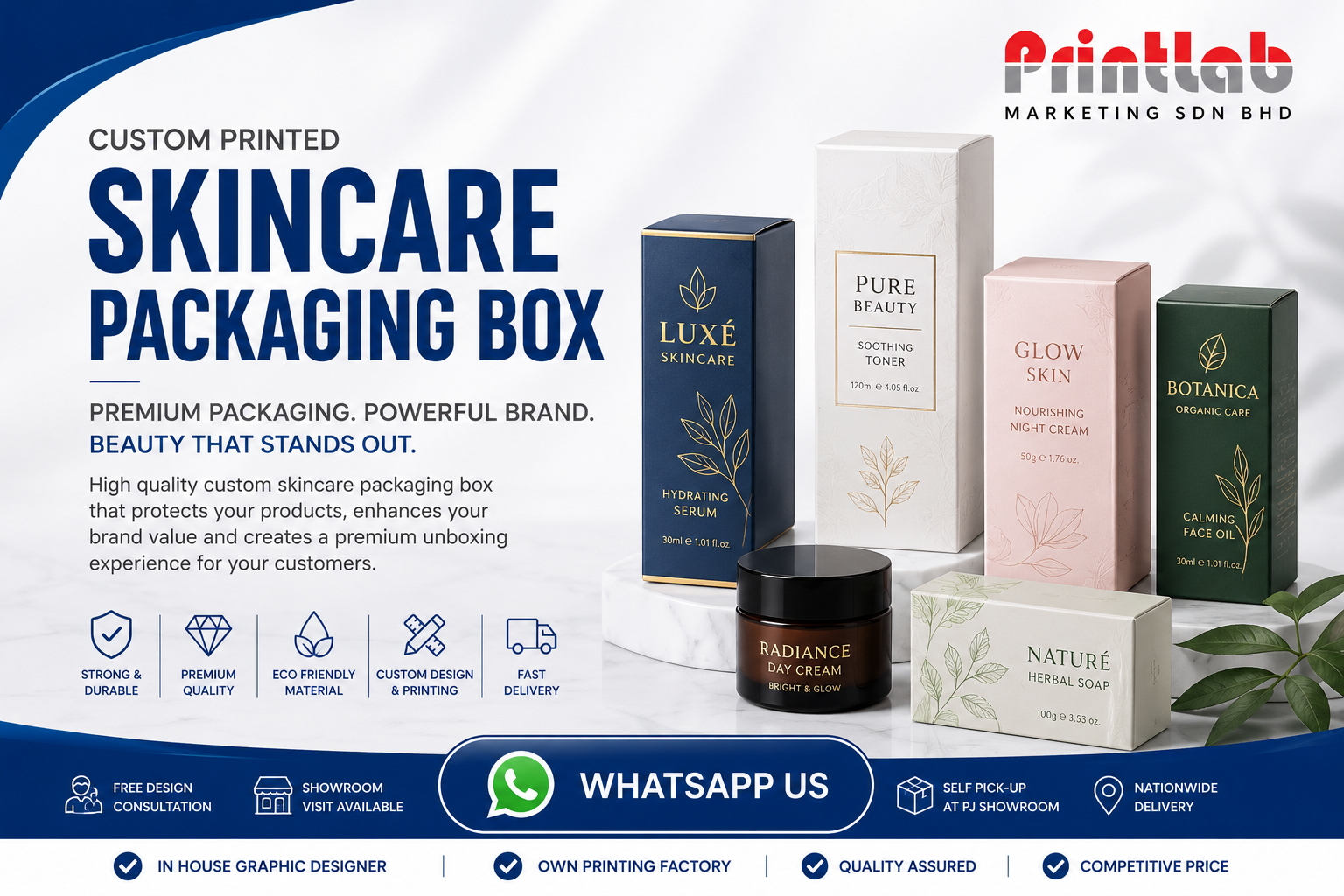 Custom printed luxury cosmetic and skincare packaging boxes with metallic gold foil accents displayed at Printlab Marketing Sdn Bhd showroom in Ara Damansara Petaling Jaya