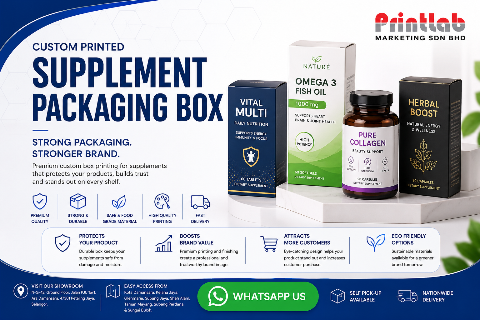 Custom engineered premium healthcare supplement packaging box with structural auto-lock bottom and metallic foil accents on display at Printlab Marketing Sdn Bhd showroom in Petaling Jaya