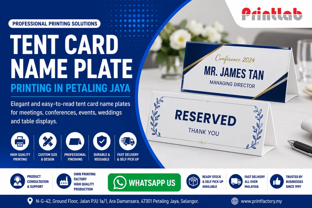 Custom tent card name plate printing in Petaling Jaya by Printlab Marketing Sdn Bhd