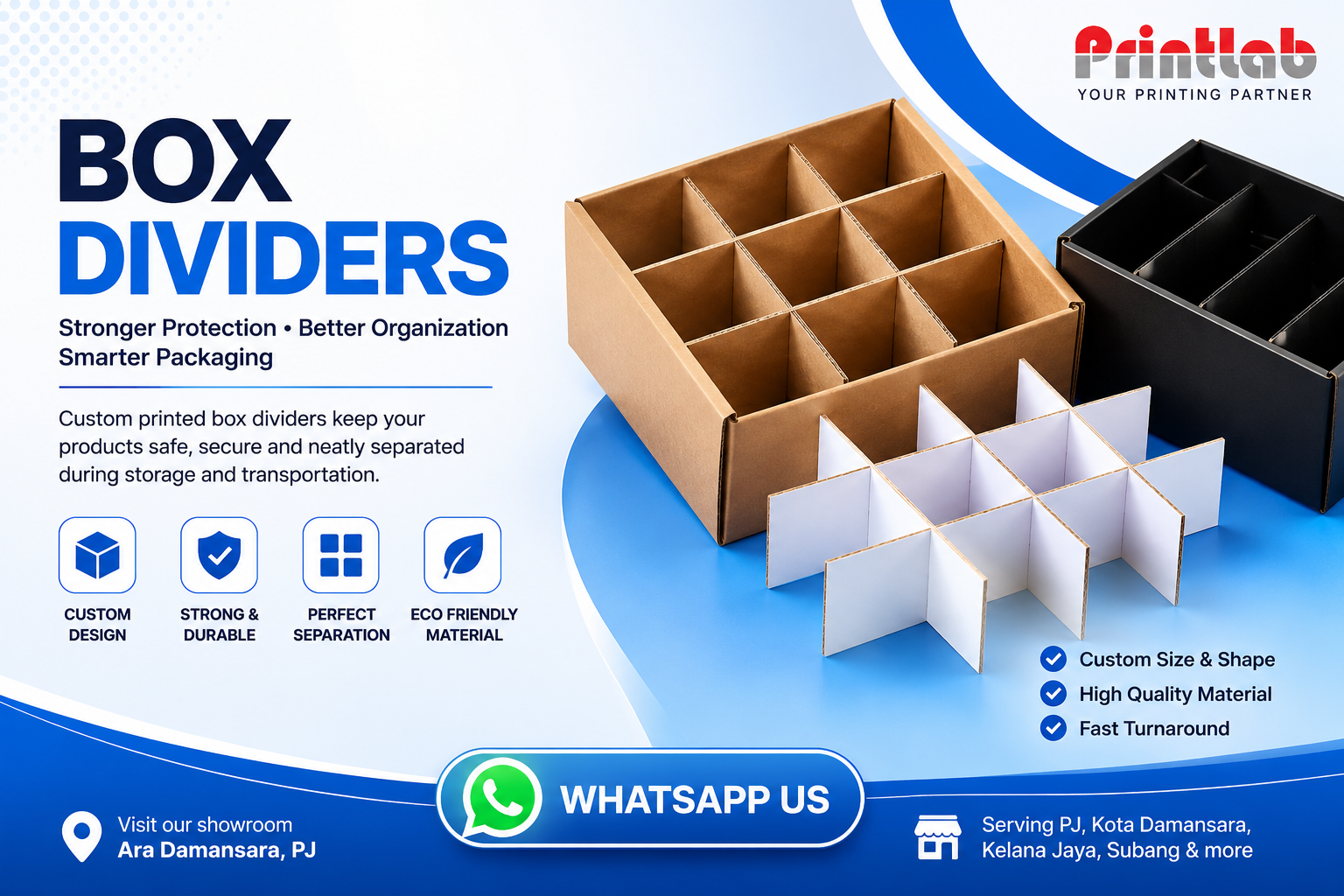 Custom printed interlocking corrugated cardboard box dividers and multi-cell protective packaging partitions engineered by Printlab Marketing Sdn Bhd.