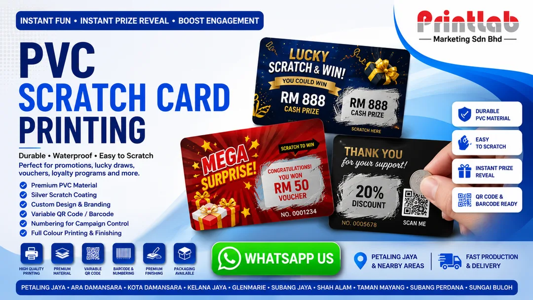 PVC Scratch Card Printing in Petaling Jaya by Printlab Marketing Sdn Bhd with Custom Prize Reveal Design, QR Code and Barcode