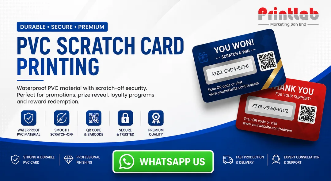 PVC Scratch Card Printing in Petaling Jaya by Printlab Marketing Sdn Bhd with Waterproof PVC Material and Prize Reveal Scratch Panel
