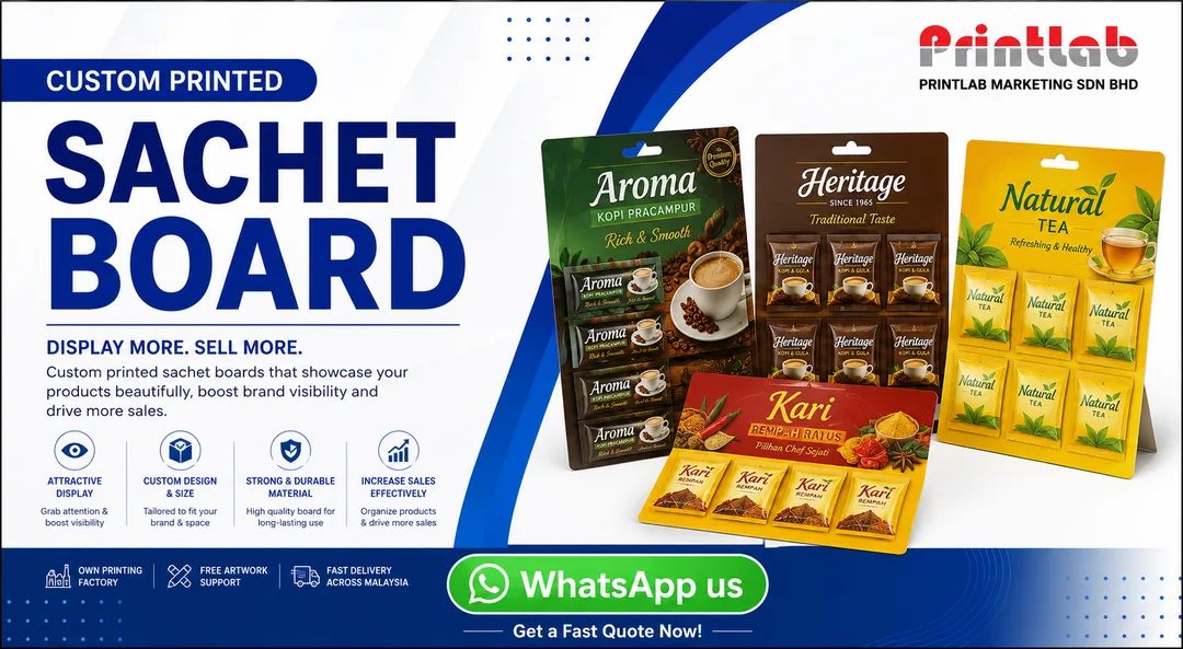 Custom printed sachet boards displaying clean die-cut packet slots, high-impact retail branding graphics, and reinforced euro-hole hanging options arranged at the Printlab factory.