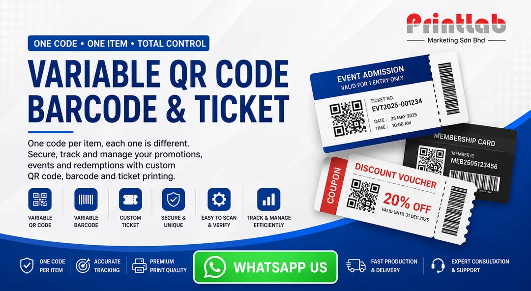 Variable QR Code, Barcode and Ticket Printing in Petaling Jaya by Printlab Marketing Sdn Bhd with Secure Custom Data and Variable Codes